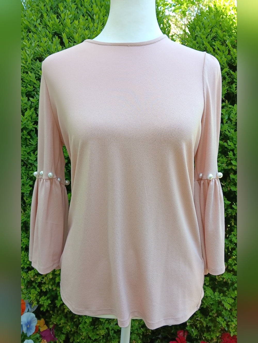Adrianna Papell Blush Pink Pearl-Trim Bell Sleeve Top